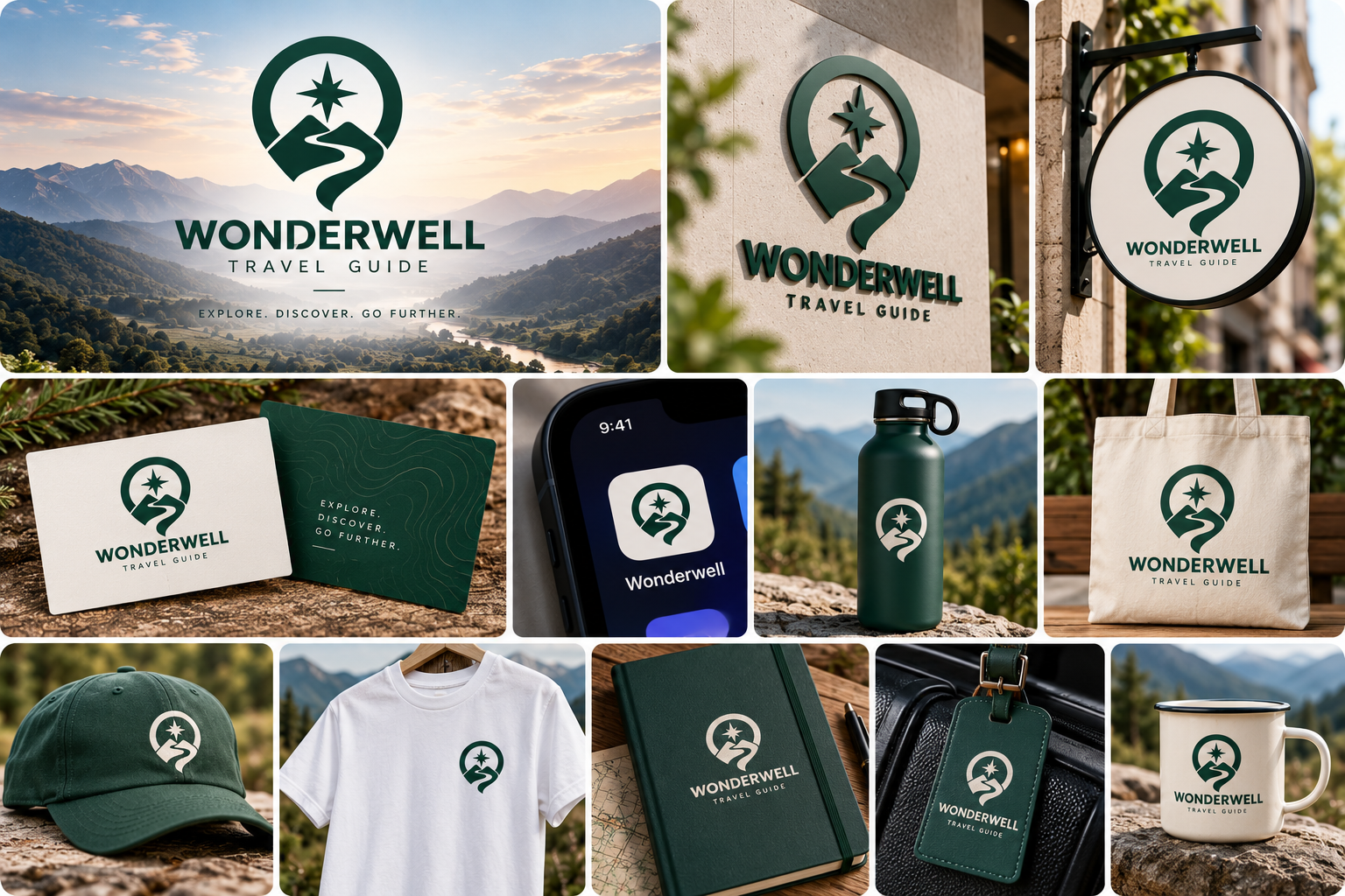 Wonderwell travel brand collection with a logo, signage, stationery, app icon, bottle, tote, cap, shirt, notebook, luggage tag, and mug